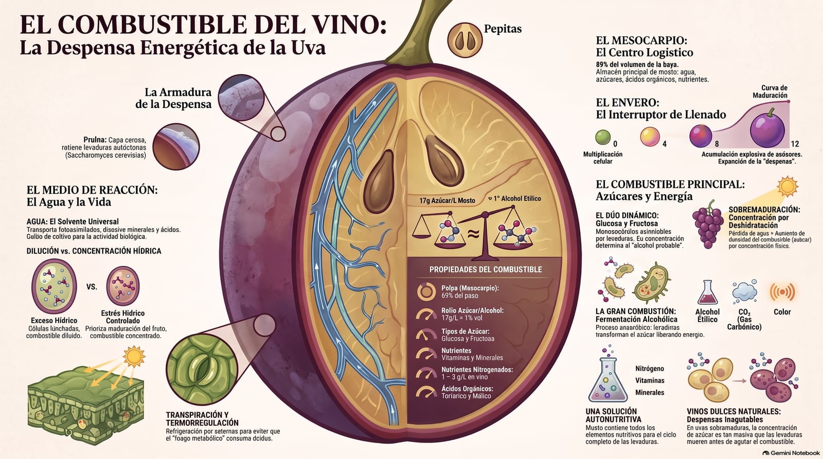 Infografía: anatomía de la uva —hollejo con su cutícula, pruina e hipodermis; la pulpa con sus azúcares y ácidos; pepitas y pincel—, el envero y su curva de maduración, y la regla de 17 g de azúcar por litro ≈ 1° de alcohol.