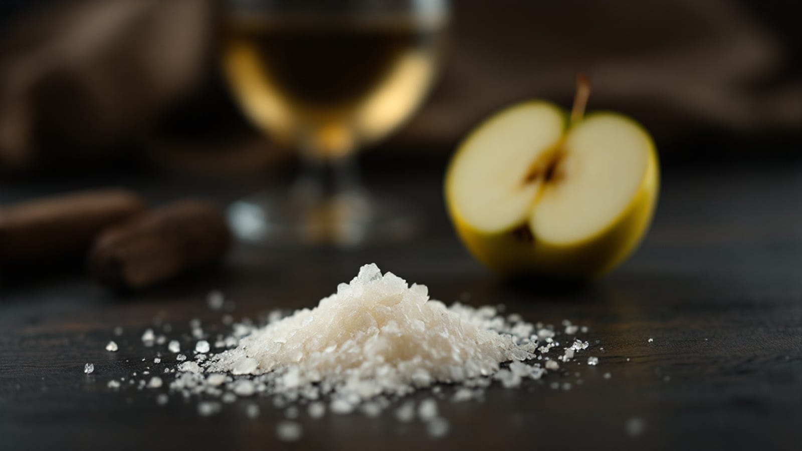 Un montón de cristales de ácido tartárico junto a una manzana verde partida por la mitad y una copa de vino blanco al fondo
