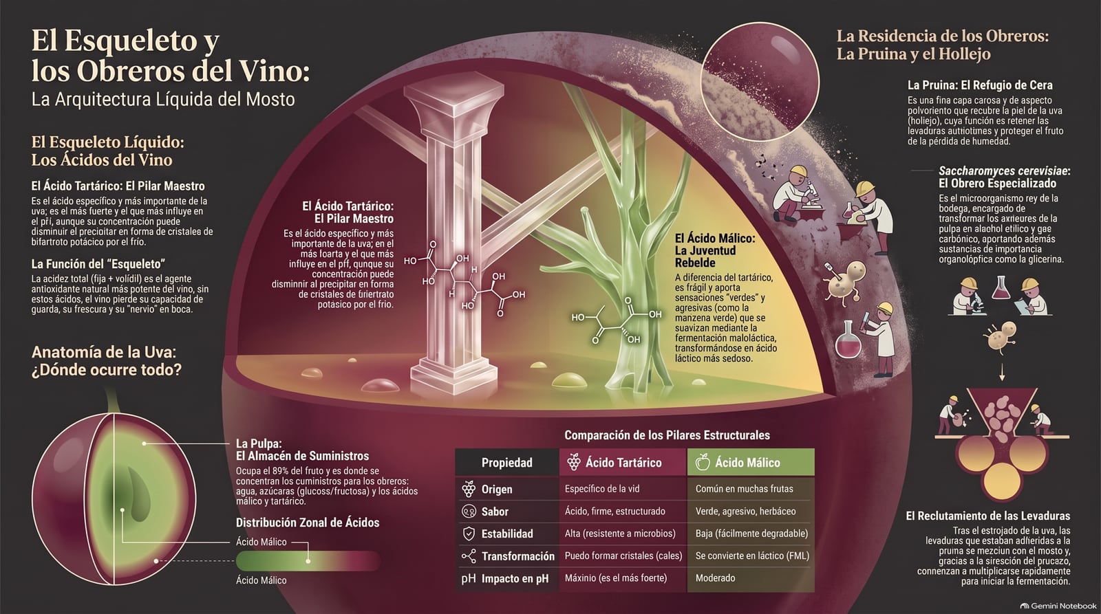 Infografía: comparación entre el ácido tartárico y el ácido málico —origen, sabor, estabilidad, transformación e impacto en el pH—, la anatomía de la uva y el reclutamiento de las levaduras Saccharomyces tras el estrujado.