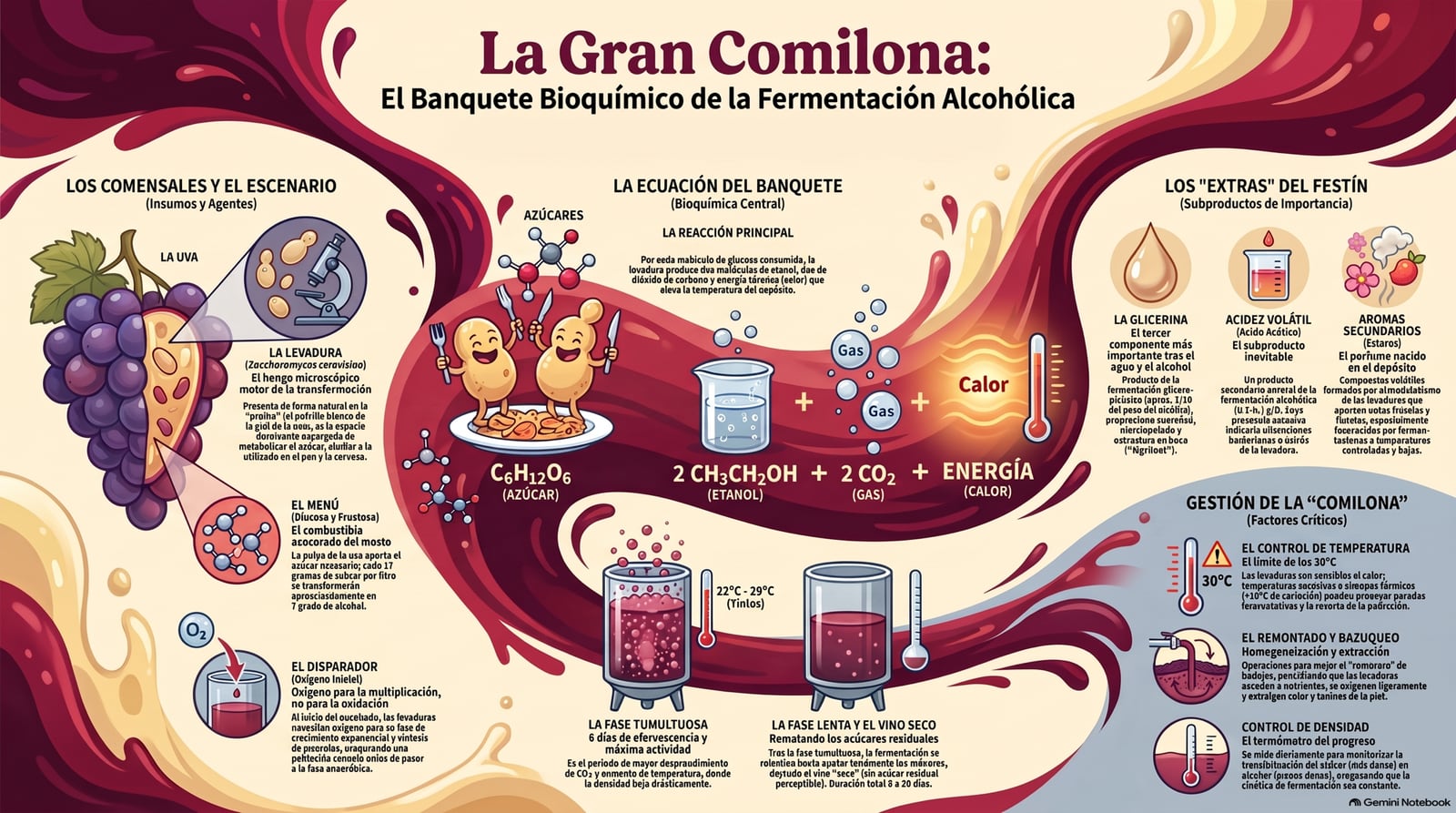 Infografía: el banquete bioquímico de la fermentación alcohólica —la levadura de la pruina, el azúcar como combustible, la ecuación azúcar → etanol + CO₂ + energía, y la gestión de la temperatura y la densidad durante el proceso.