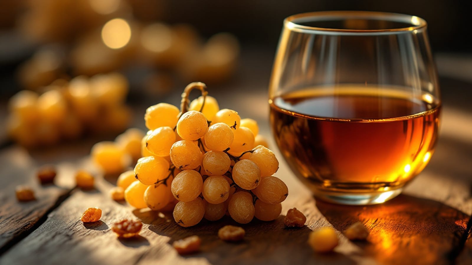 Racimo de uvas pasificadas junto a una copa de vino dulce dorado