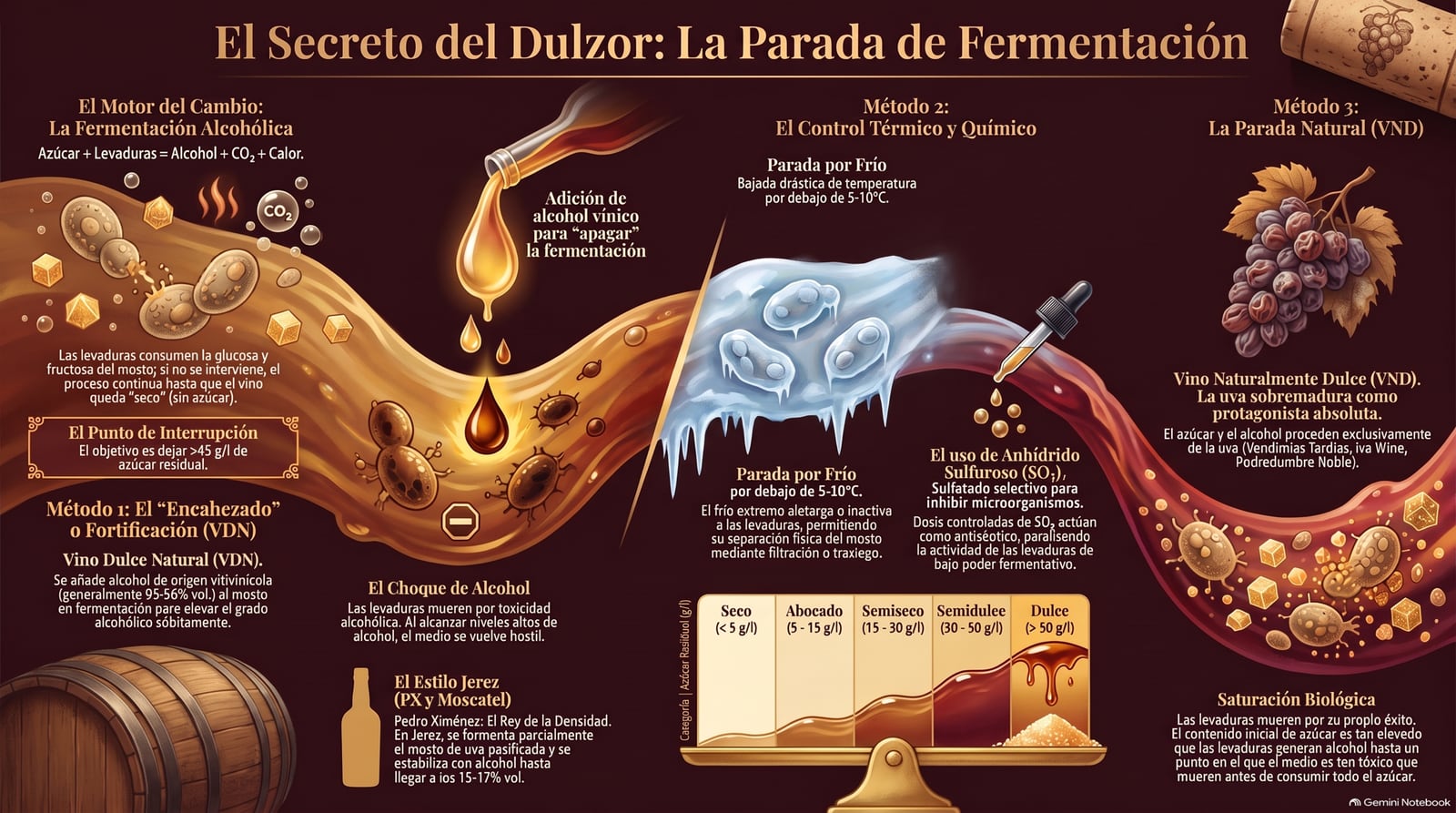 Infografía: los tres métodos para dejar azúcar en el vino —encabezado con alcohol vínico, parada por frío o con sulfuroso, y la parada natural por saturación biológica—, y la escala de azúcar residual de seco a dulce.