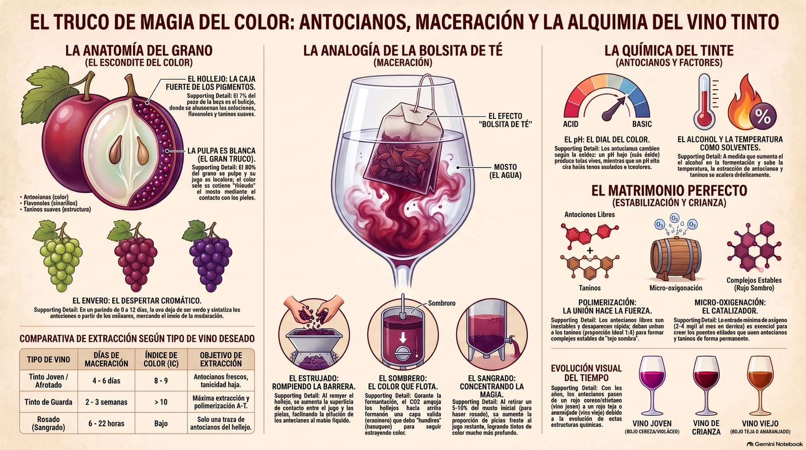 Infografía: el escondite del color en el hollejo, la analogía de la bolsita de té para explicar la maceración, y la química de la polimerización entre antocianos y taninos que estabiliza el color con el tiempo.