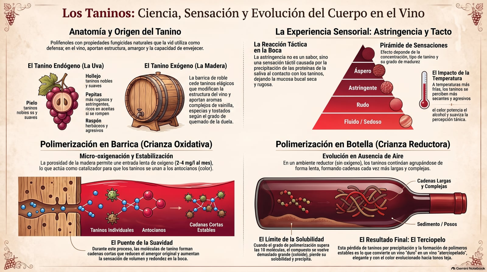 Infografía: el tanino endógeno de la uva (hollejo, pepitas, raspón) frente al tanino exógeno de la madera, la reacción táctil de la astringencia, y cómo se pulen los taninos por polimerización en barrica y en botella.