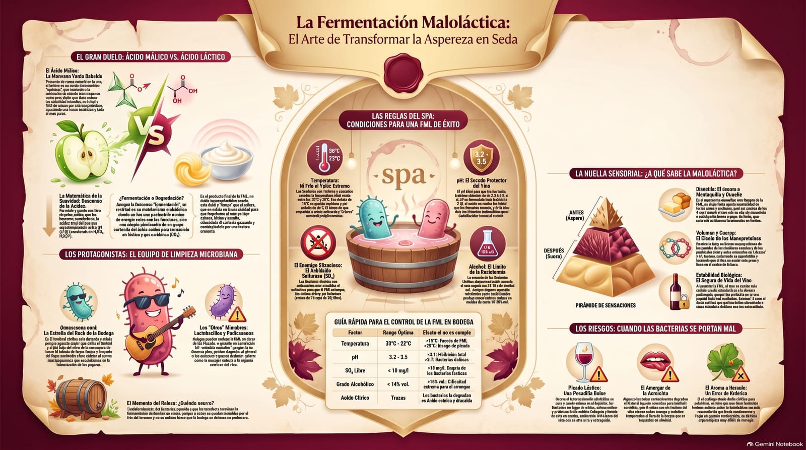 Infografía: la fermentación maloláctica —el duelo entre el ácido málico y el ácido láctico, las condiciones de temperatura, pH y sulfuroso que necesitan las bacterias para trabajar a gusto, y el antes y el después de la sensación en boca.