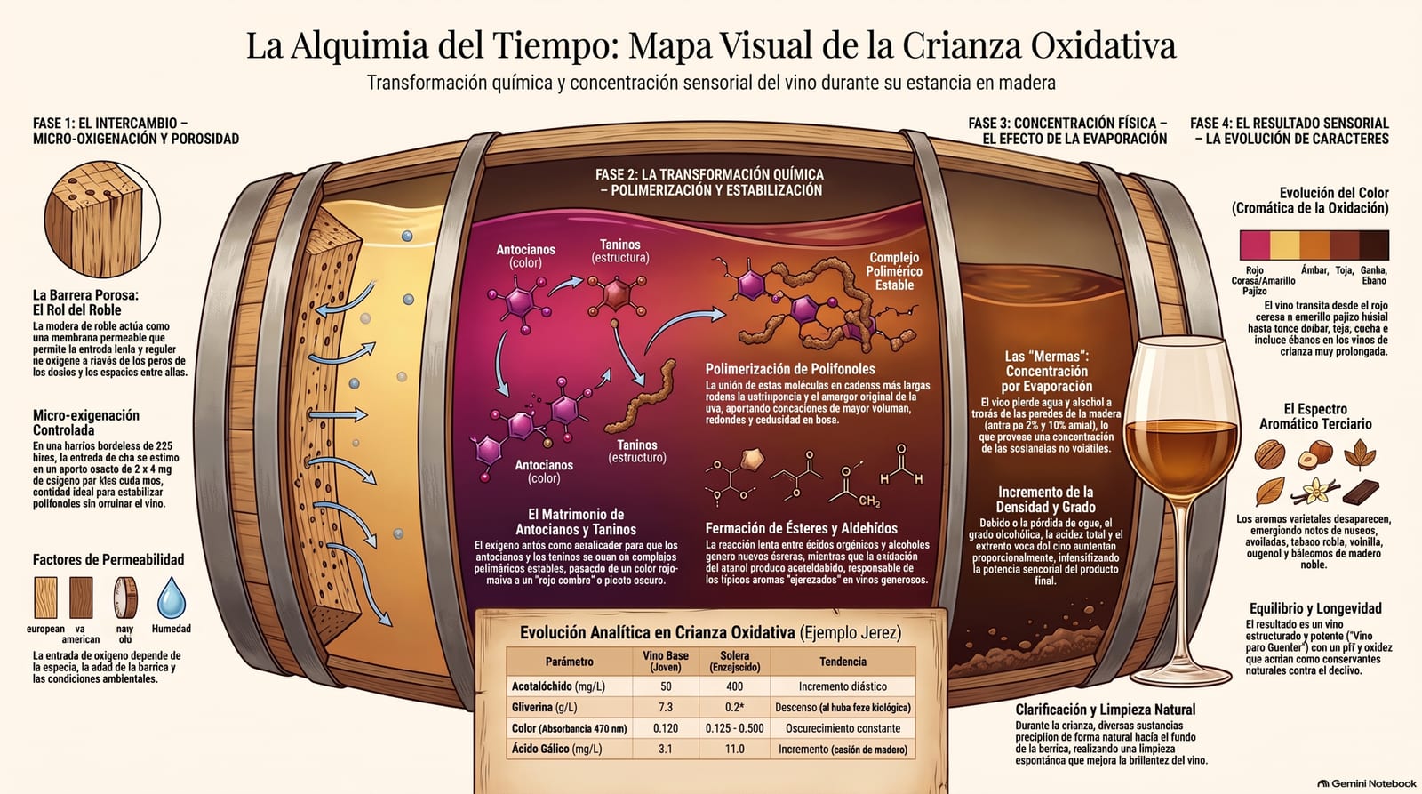 Infografía: la crianza oxidativa —micro-oxigenación a través del roble, polimerización de antocianos y taninos, formación de ésteres y aldehídos, y la concentración por evaporación— y su efecto en el color y los aromas terciarios del vino.