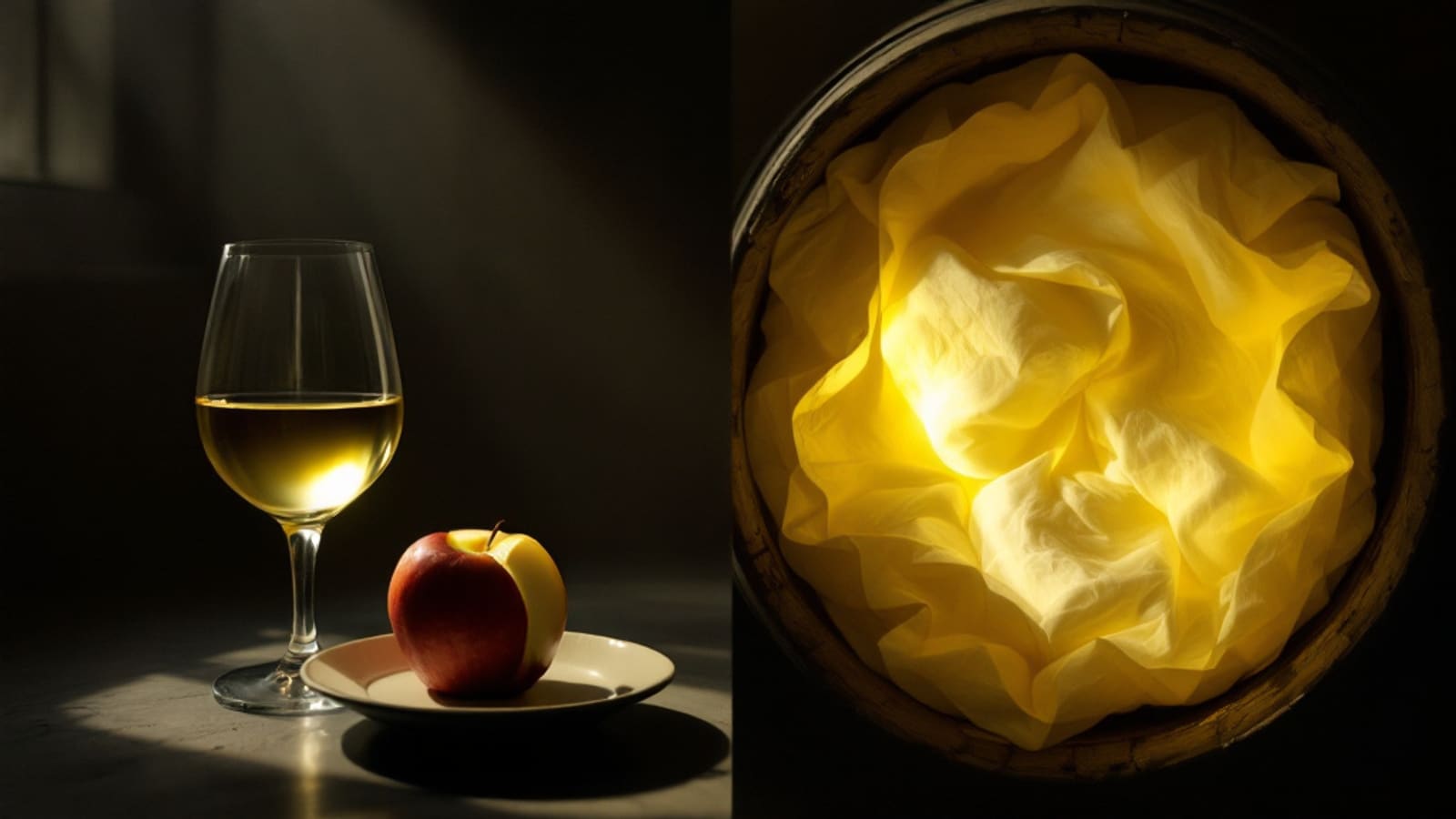 A un lado una manzana mordida oxidándose junto a una copa de vino; al otro, el velo de flor iluminado dentro de una bota de Jerez
