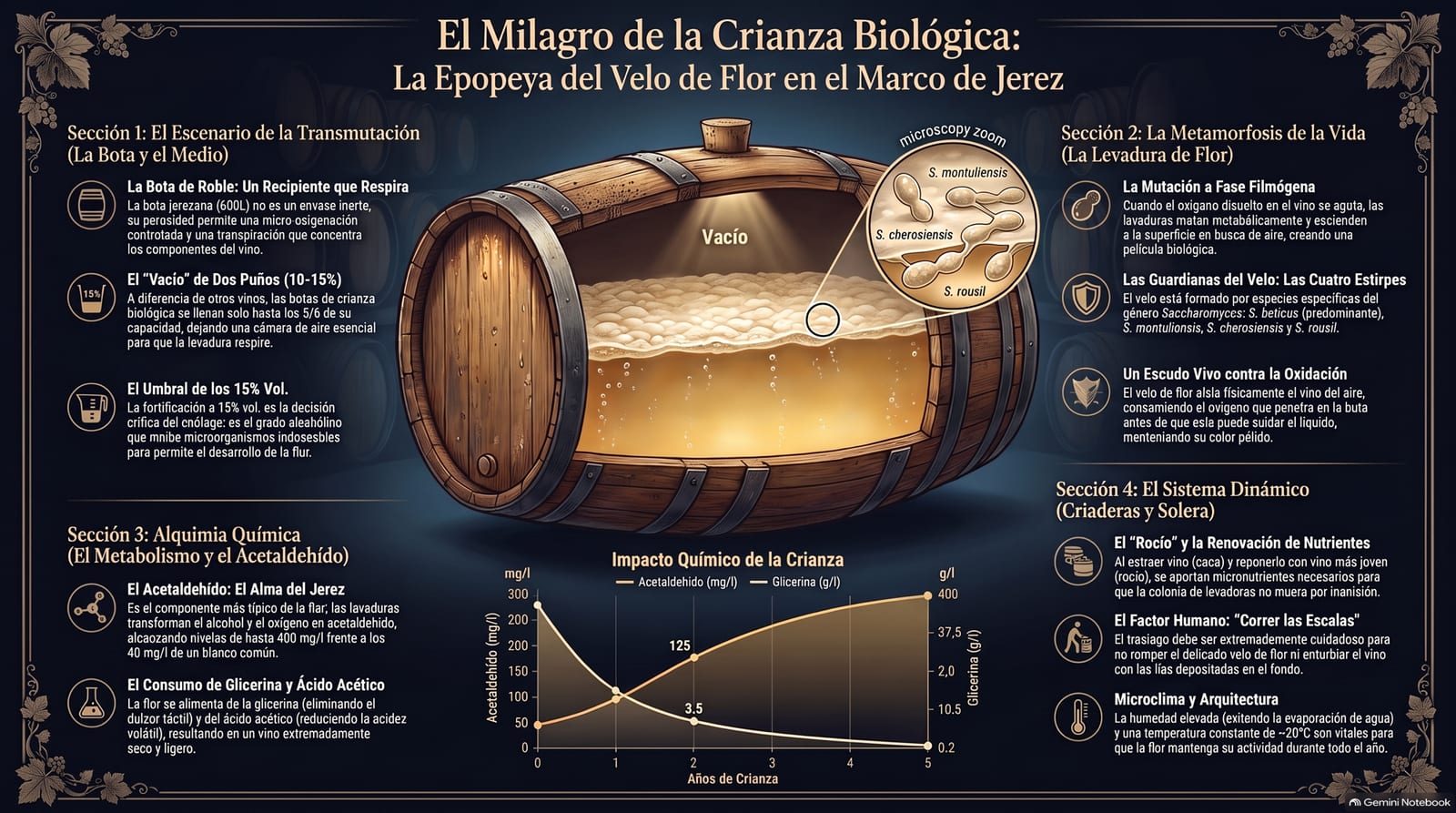 Infografía: el velo de flor —las levaduras que lo forman, el vacío de aire que necesita la bota, el consumo de alcohol y glicerina que dispara el acetaldehído, y el sistema de criaderas y soleras que lo mantiene vivo durante años.