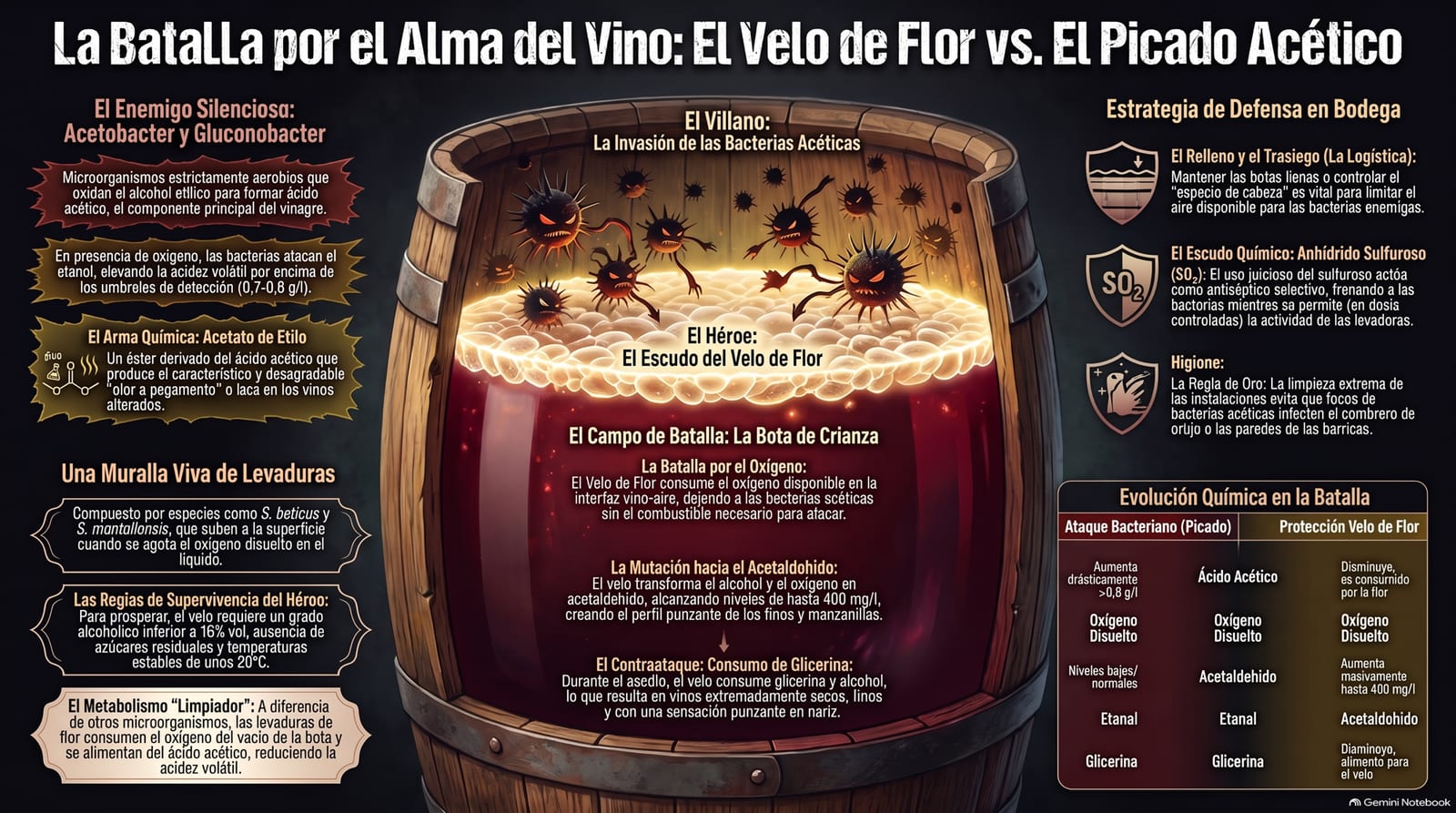 Infografía: la acidez volátil —cómo el Acetobacter oxida el etanol en ácido acético y acetato de etilo con la ayuda del oxígeno—, y el velo de flor actuando como escudo al consumir ese mismo oxígeno antes de que la bacteria pueda usarlo.