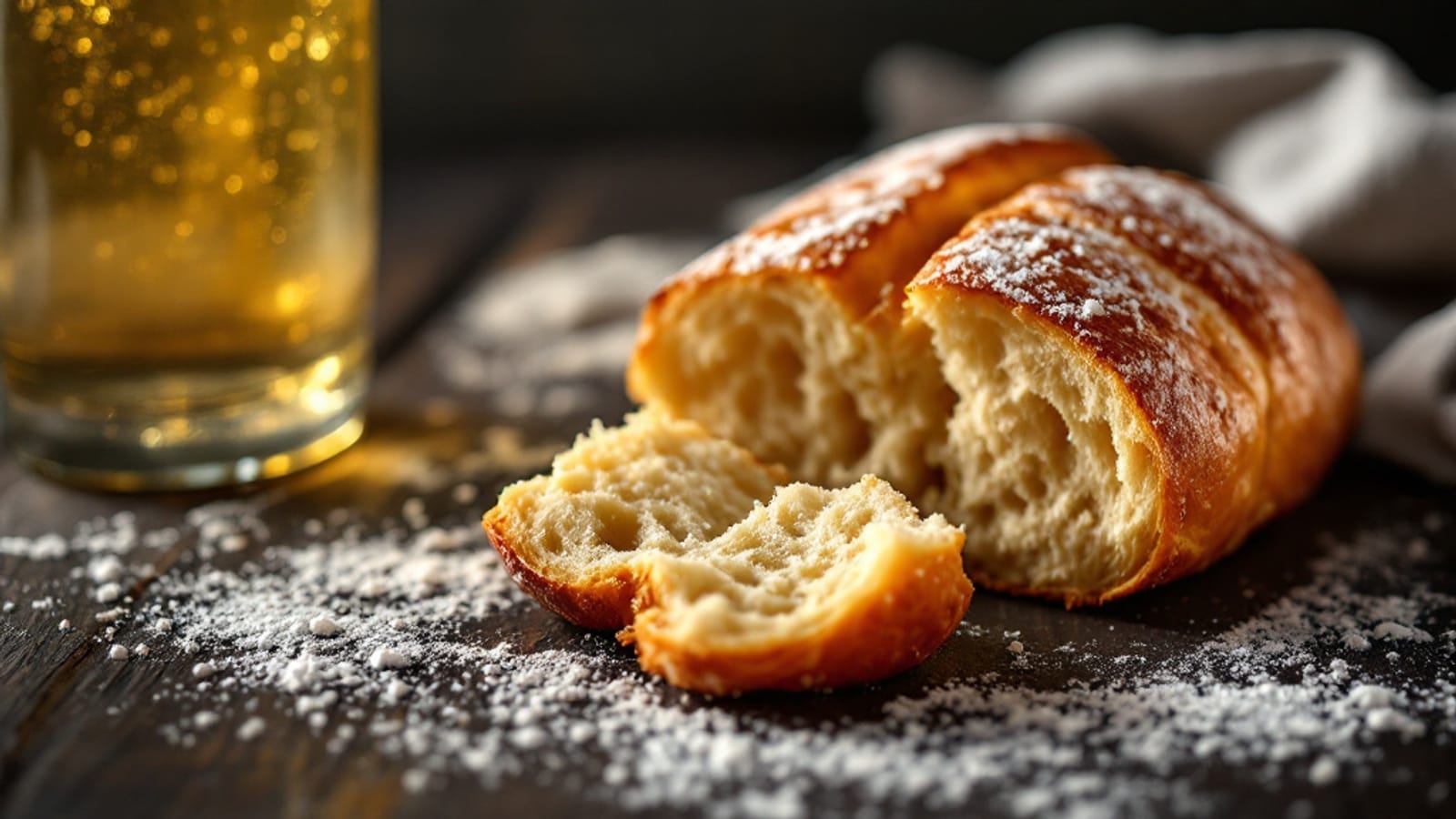 Un trozo de brioche recién horneado junto a una copa de espumoso con burbujas finas