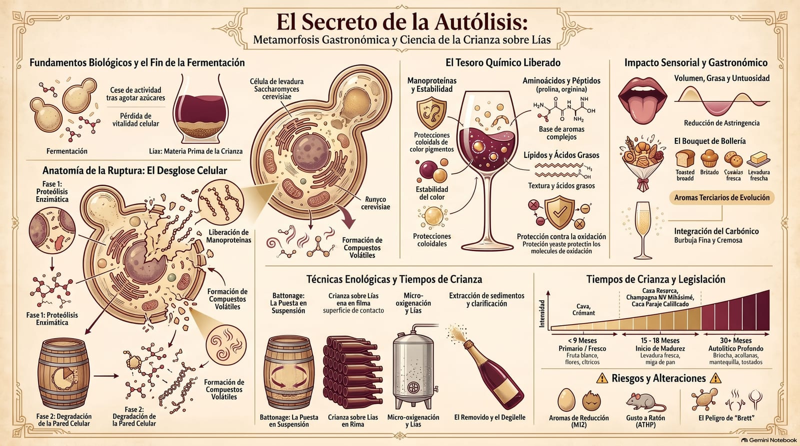Infografía: la autolisis en dos fases —proteólisis enzimática y degradación de la pared celular—, las manoproteínas y su efecto en la textura y la estabilidad, y cómo cambia el aroma según los meses de crianza sobre lías, de la fruta fresca al brioche profundo.