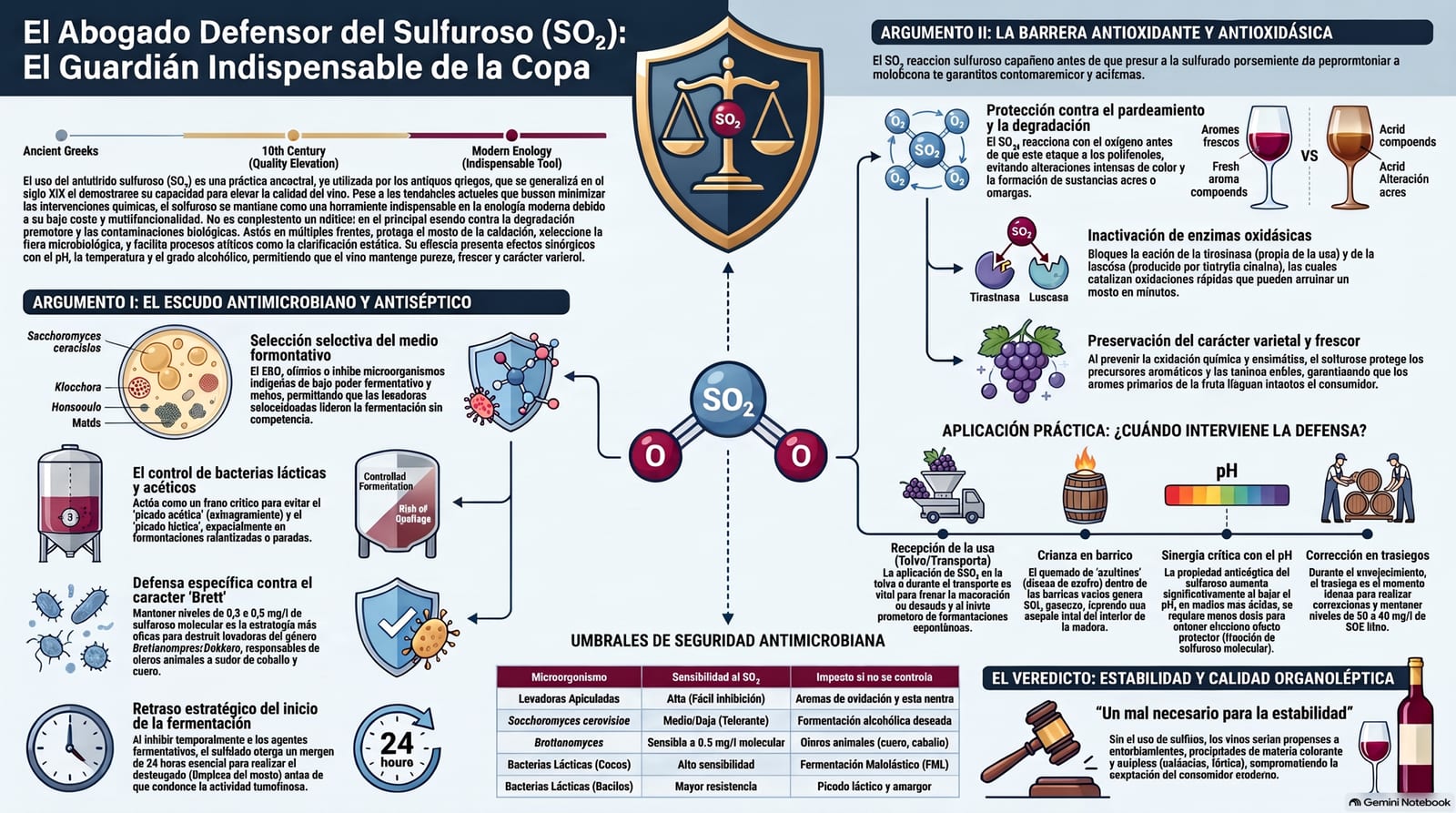 Infografía: las dos funciones del dióxido de azufre —antioxidante, bloqueando las enzimas que oxidan el mosto, y antimicrobiana, frenando bacterias y levaduras indeseadas—, y su relación con el pH y con los umbrales que protegen frente al Brettanomyces.