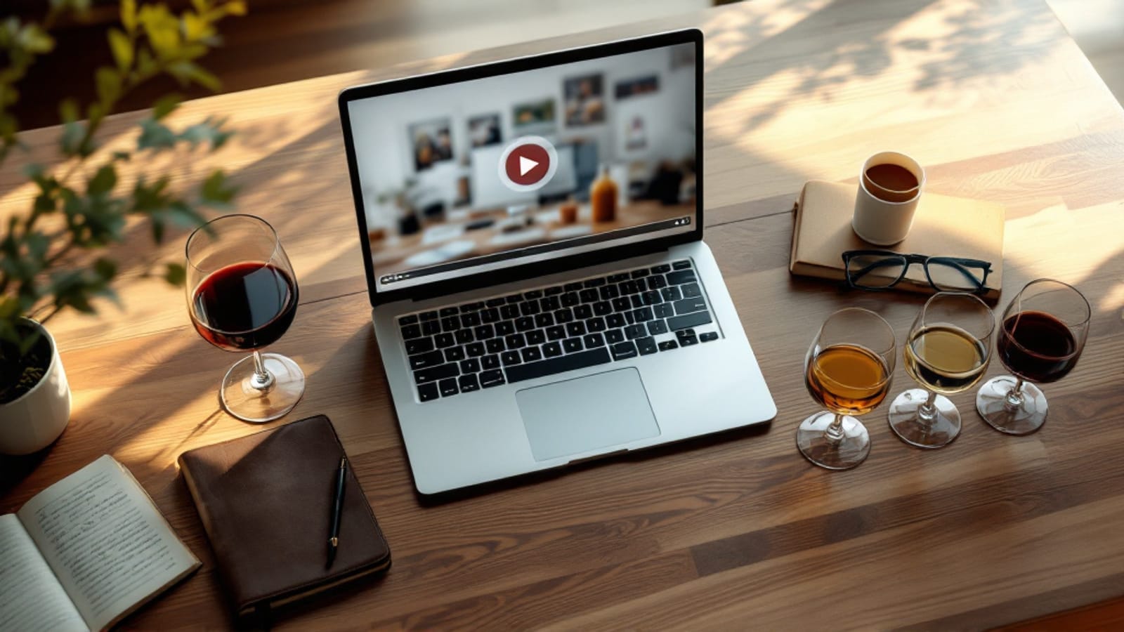 Mesa de escritorio con un portátil abierto mostrando una clase de vino online, una copa de tinto, un cuaderno de notas y varias botellas de distintas denominaciones españolas al fondo
