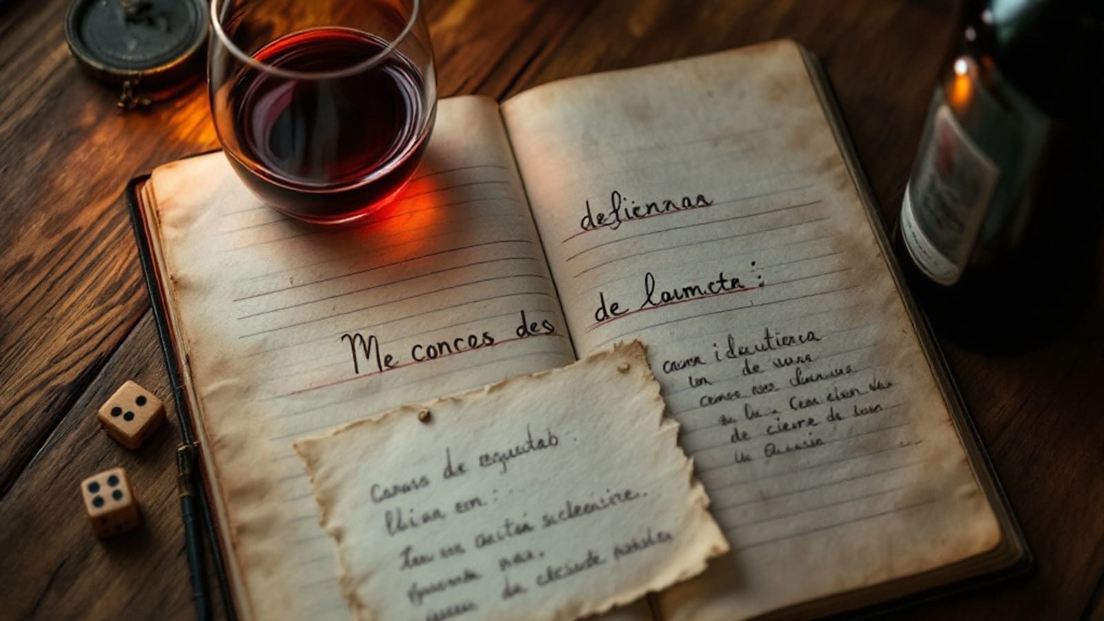 Un cuaderno de cata abierto sobre una mesa de madera, con una palabra subrayada con puntos y una pequeña tarjeta con su definición junto a una copa de tinto