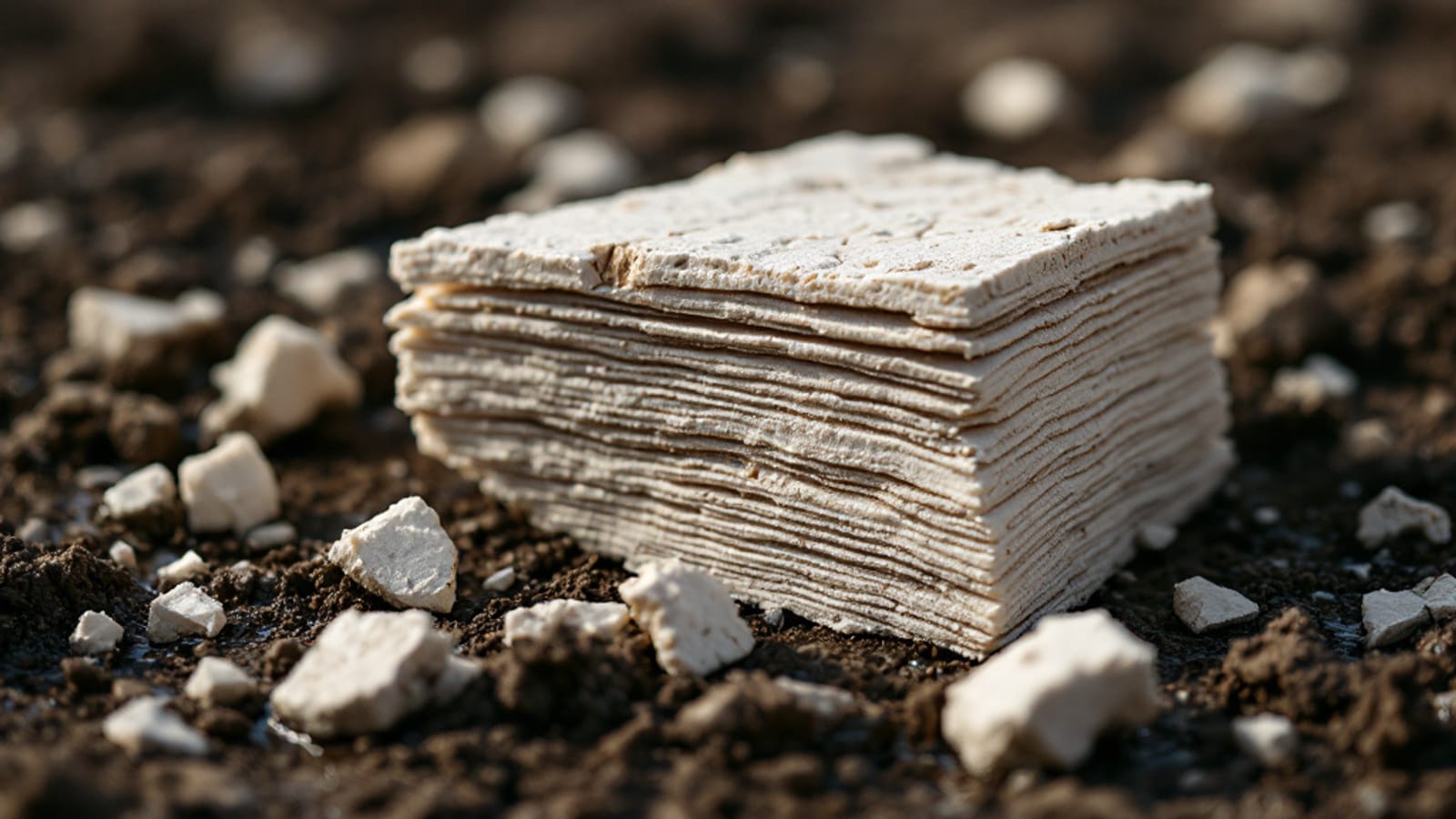 Un bloque de albariza blanca partido, mostrando su estructura en láminas finas apiladas como una baraja de cartas, sobre tierra oscura