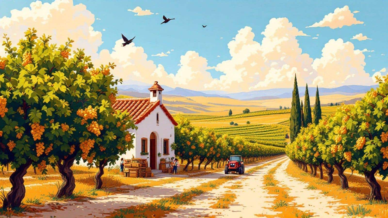 Ilustración estilo pixel art de un viñedo dorado en vendimia, con casa de viña encalada, tractor rojo y vendimiadores entre las cepas