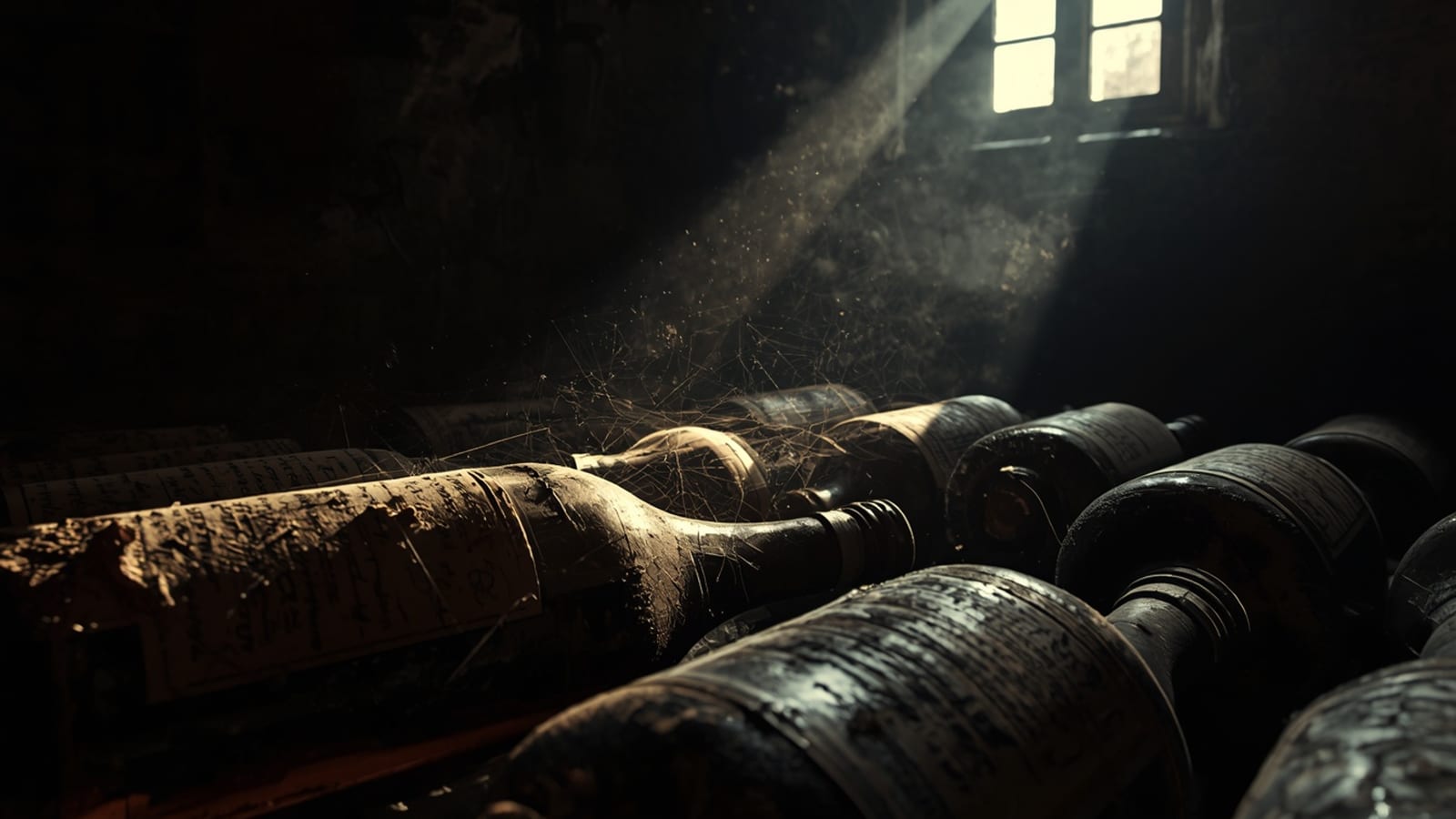 Botellas antiguas de Jerez cubiertas de polvo en la penumbra de una sacristía de bodega